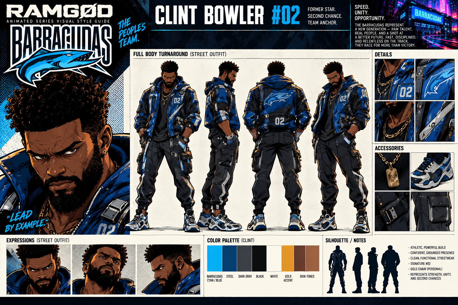 Original Clint Bowler character sheet showing his face, full beard, clothing and multiple viewing angles.