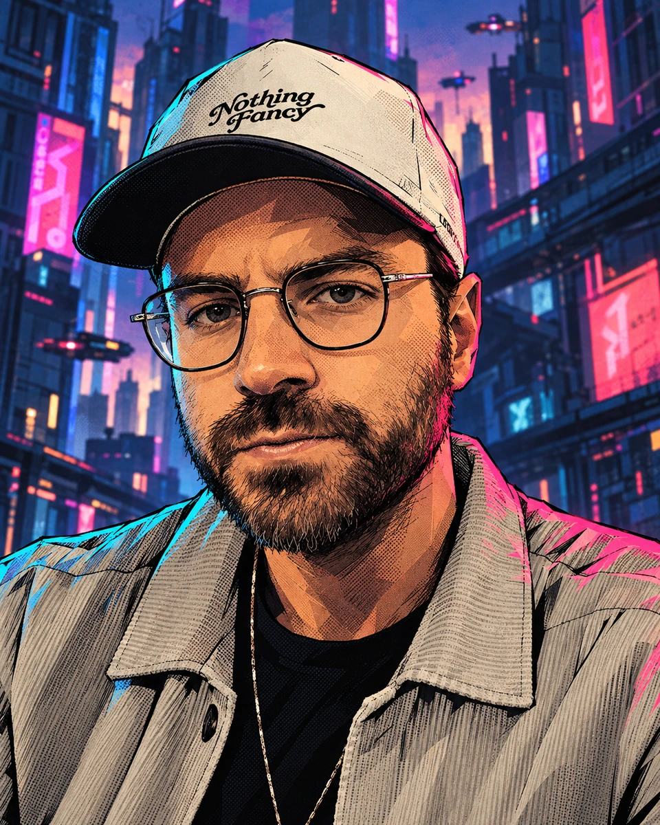 Owen Rosenblum illustrated in RAMGOD’s character art style, wearing his cap and glasses against New City.