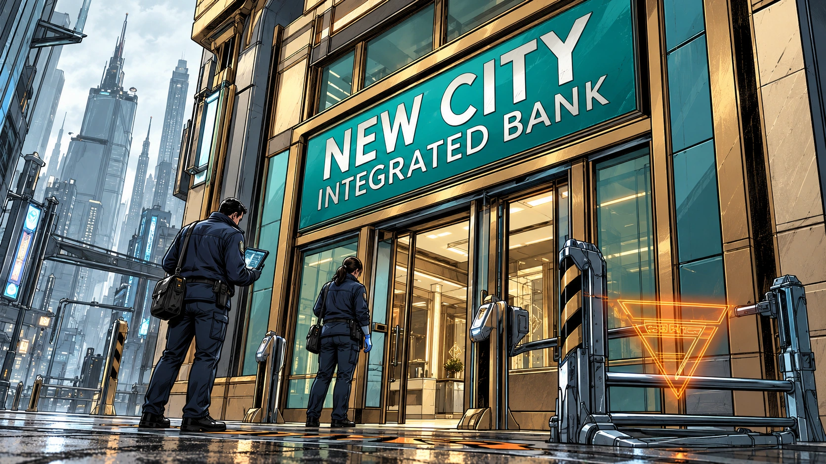 Investigators outside New City Integrated Bank, with its teal sign, bronze-framed glass entrance, and orange security barriers.