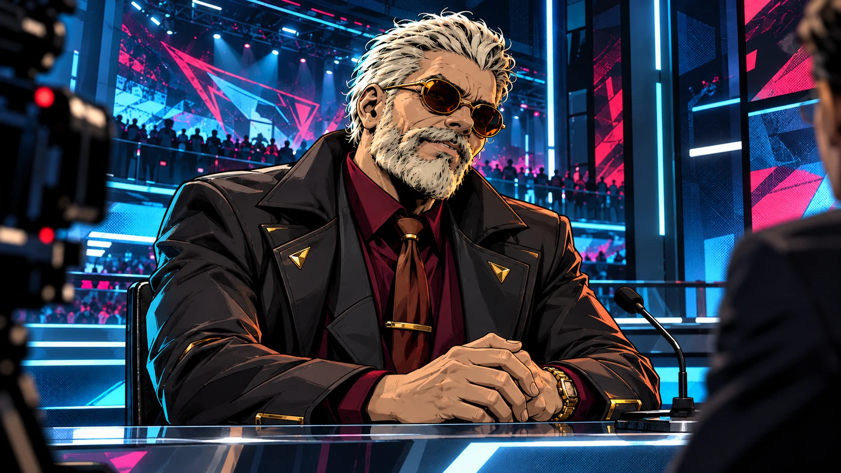 Markos Madsen, with white hair, beard and round amber glasses, seated at a cyan-and-magenta broadcast interview desk.